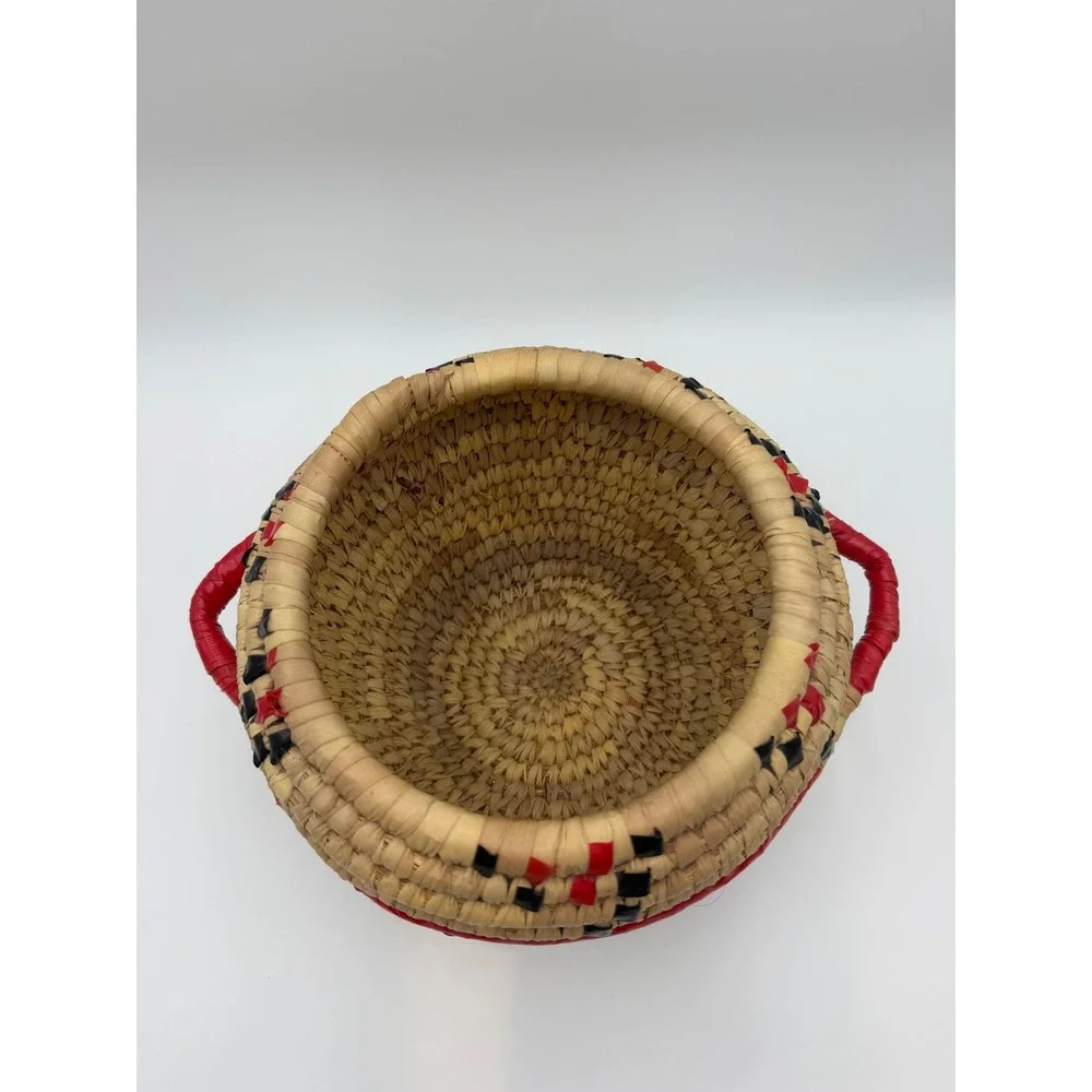 Handmade Woven Coiled Basket Red Black Geometric Pattern with Handles